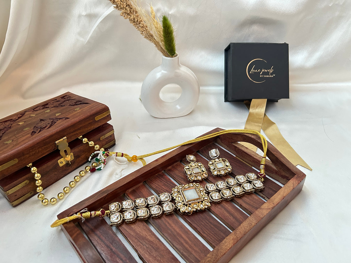Kimayra Ivory Kundan Choker Set – Gold-plated traditional necklace with earrings for weddings & festivals