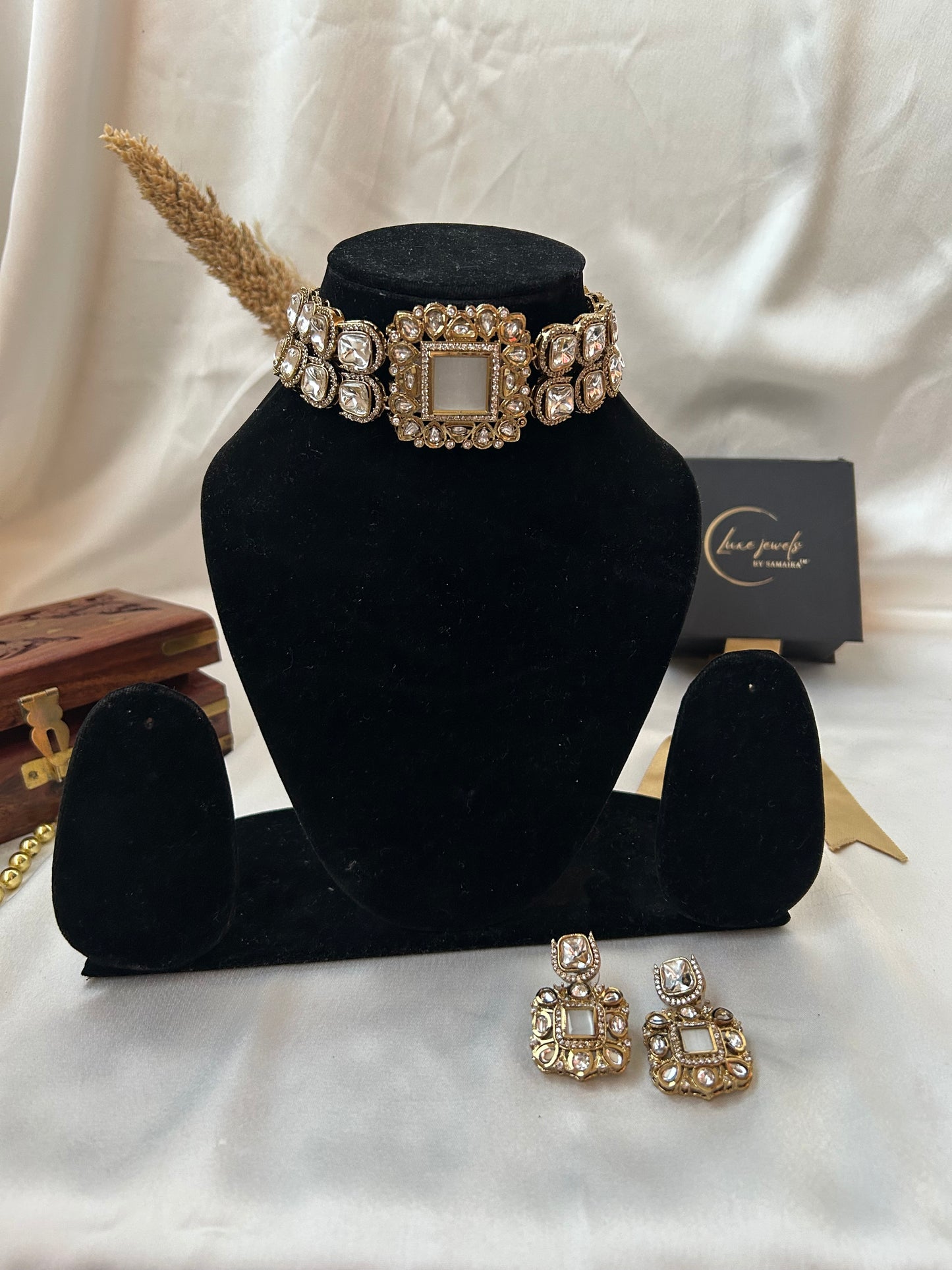 Kimayra Ivory Kundan Choker Set – Gold-plated traditional necklace with earrings for weddings & festivals