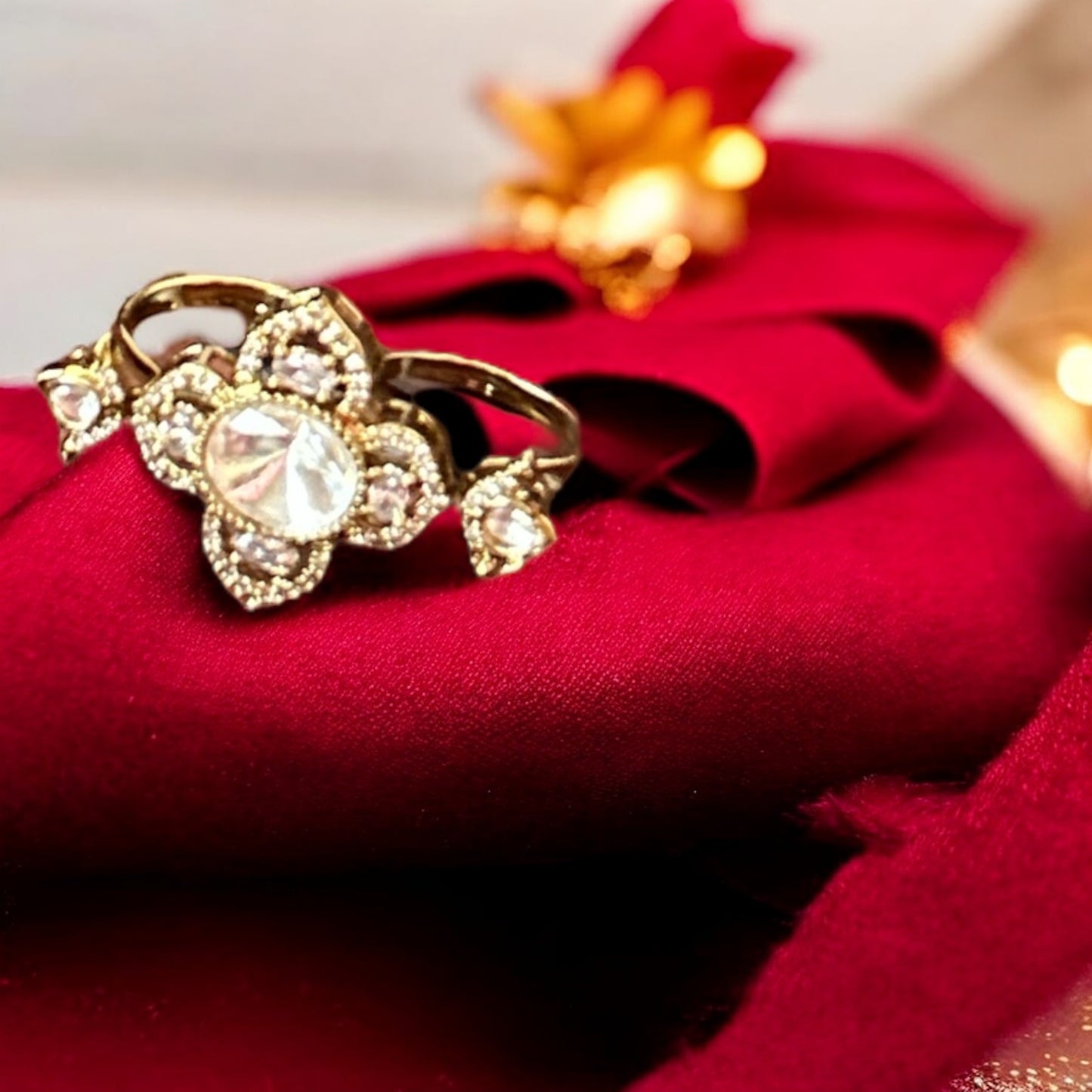 Delicate Kundan Floral Double Finger Ring