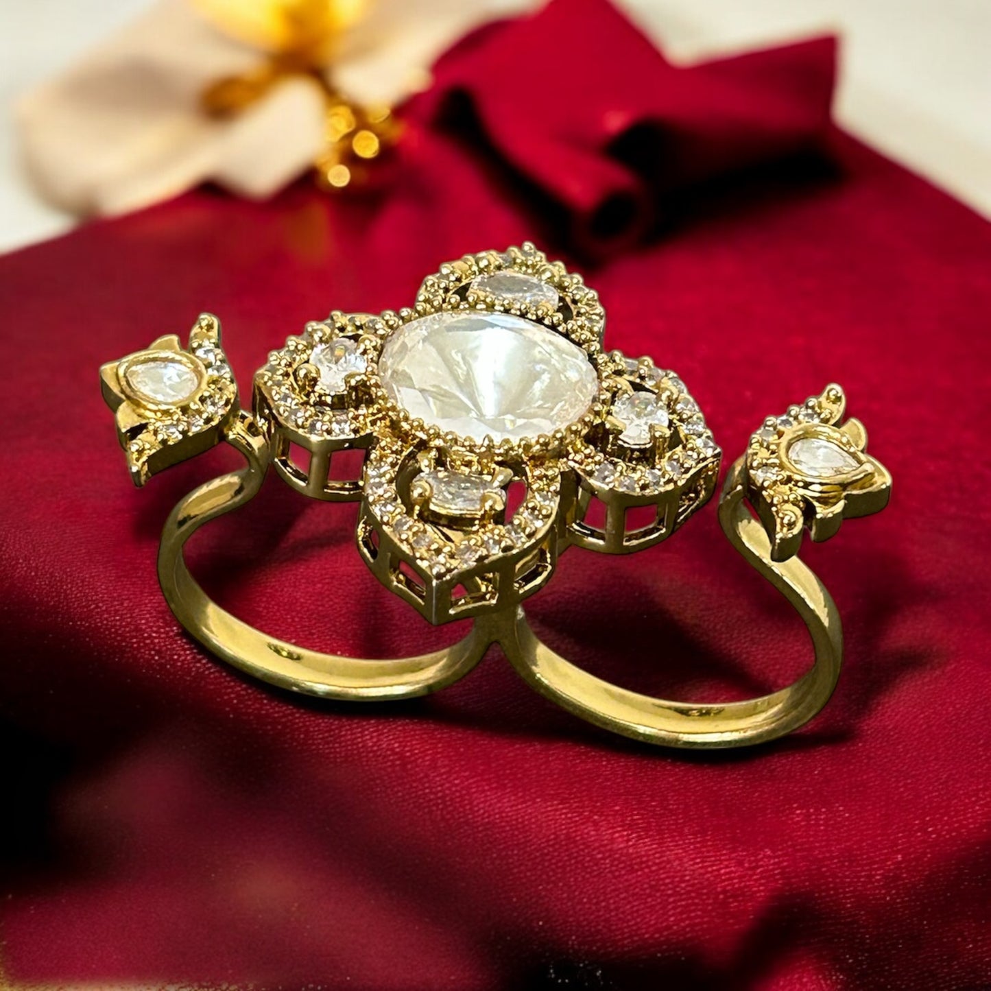 Delicate Kundan Floral Double Finger Ring
