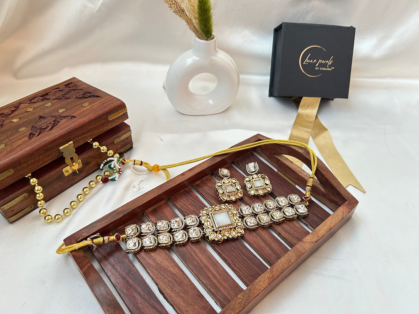 Kimayra Ivory Kundan Choker Set – Gold-plated traditional necklace with earrings for weddings & festivals