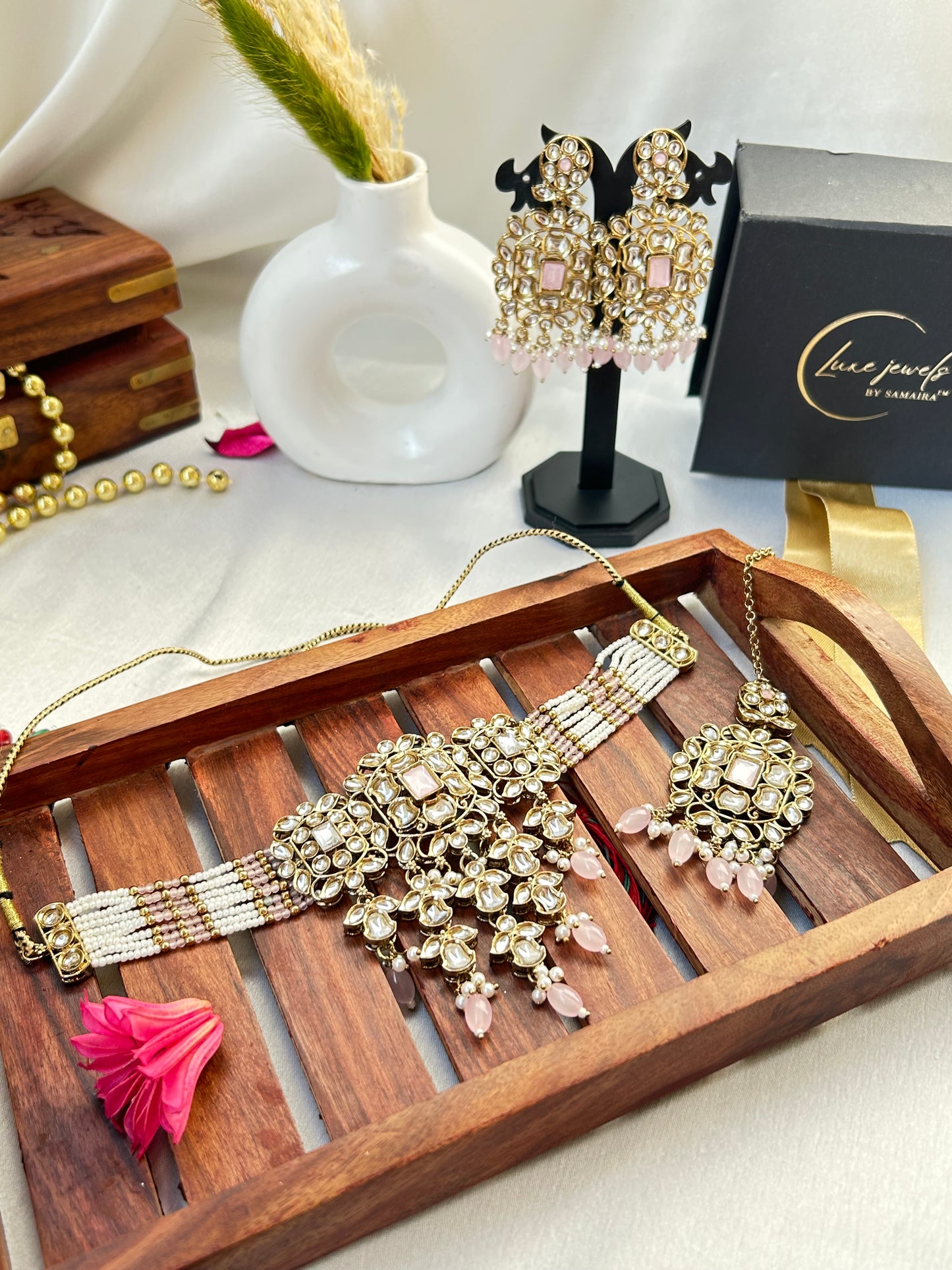 Diana pink kundan necklace tika set