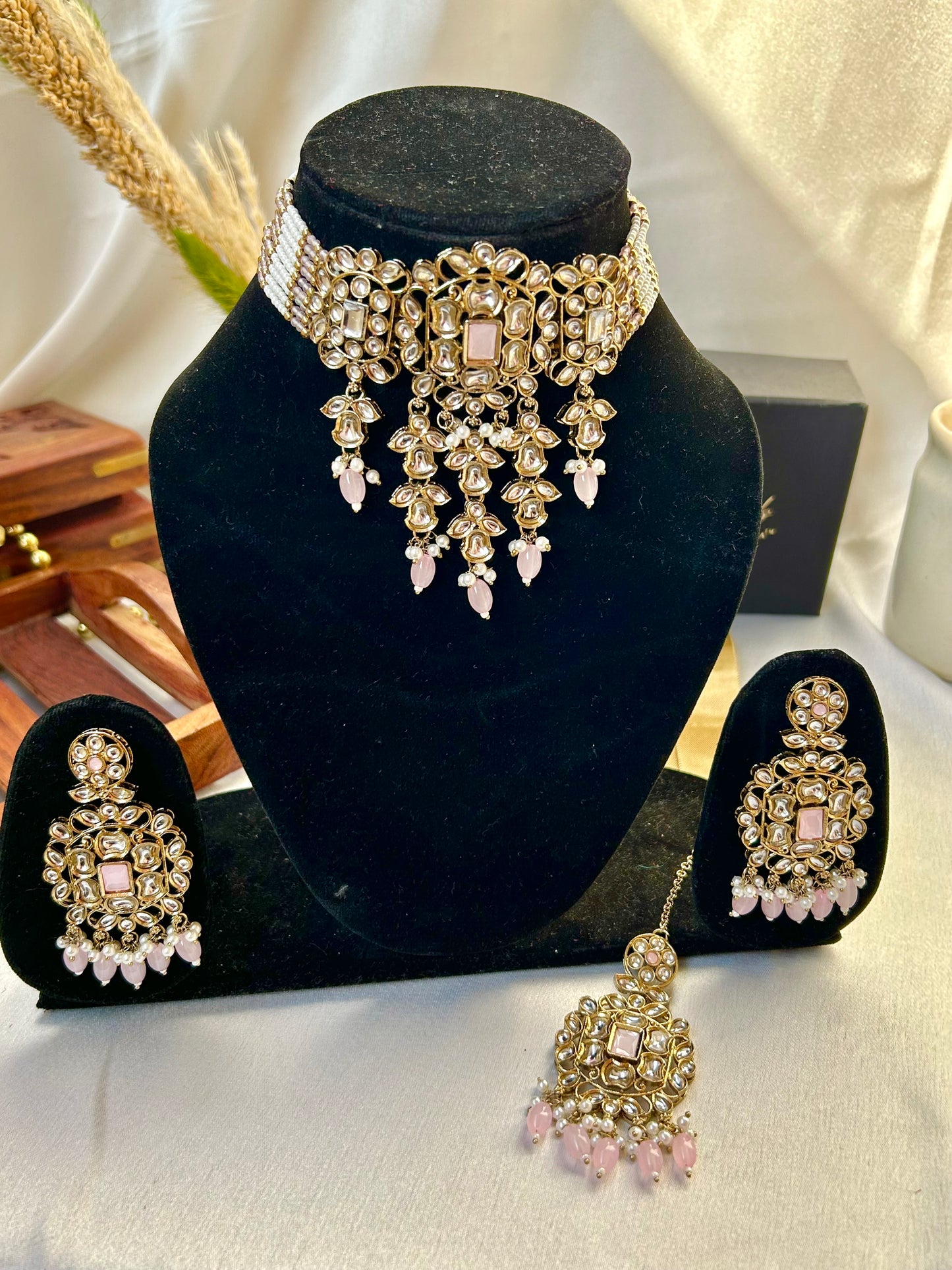 Diana pink kundan necklace tika set