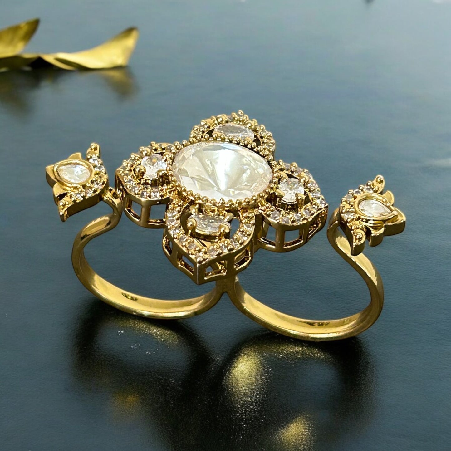 Delicate Kundan Floral Double Finger Ring