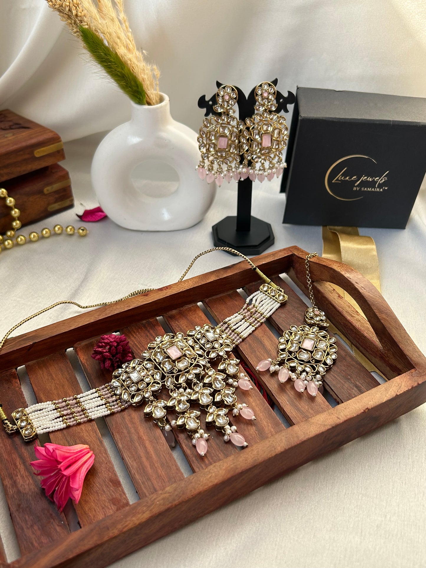 Diana pink kundan necklace tika set