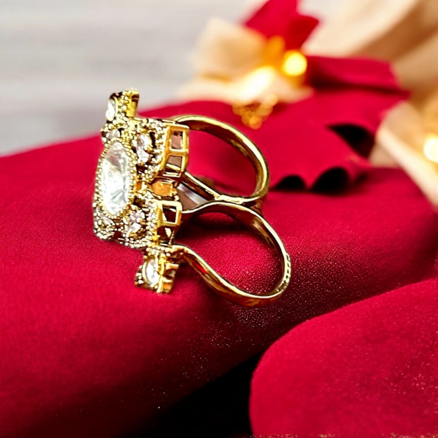Delicate Kundan Floral Double Finger Ring