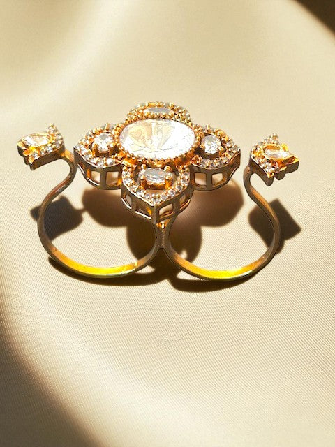 Delicate Kundan Floral Double Finger Ring