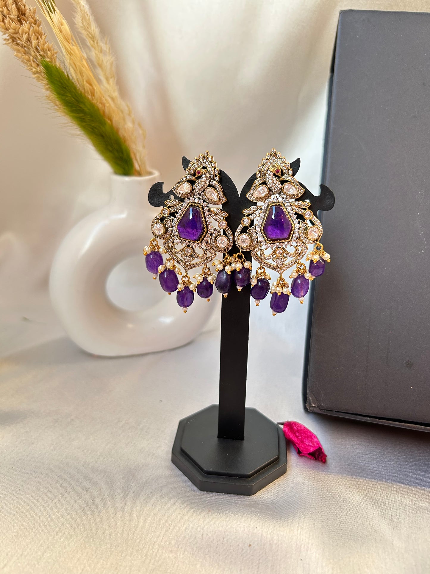 Elegant Kiara Kundan Necklace Set with purple and gold beads, featuring intricate stonework and matching earrings.