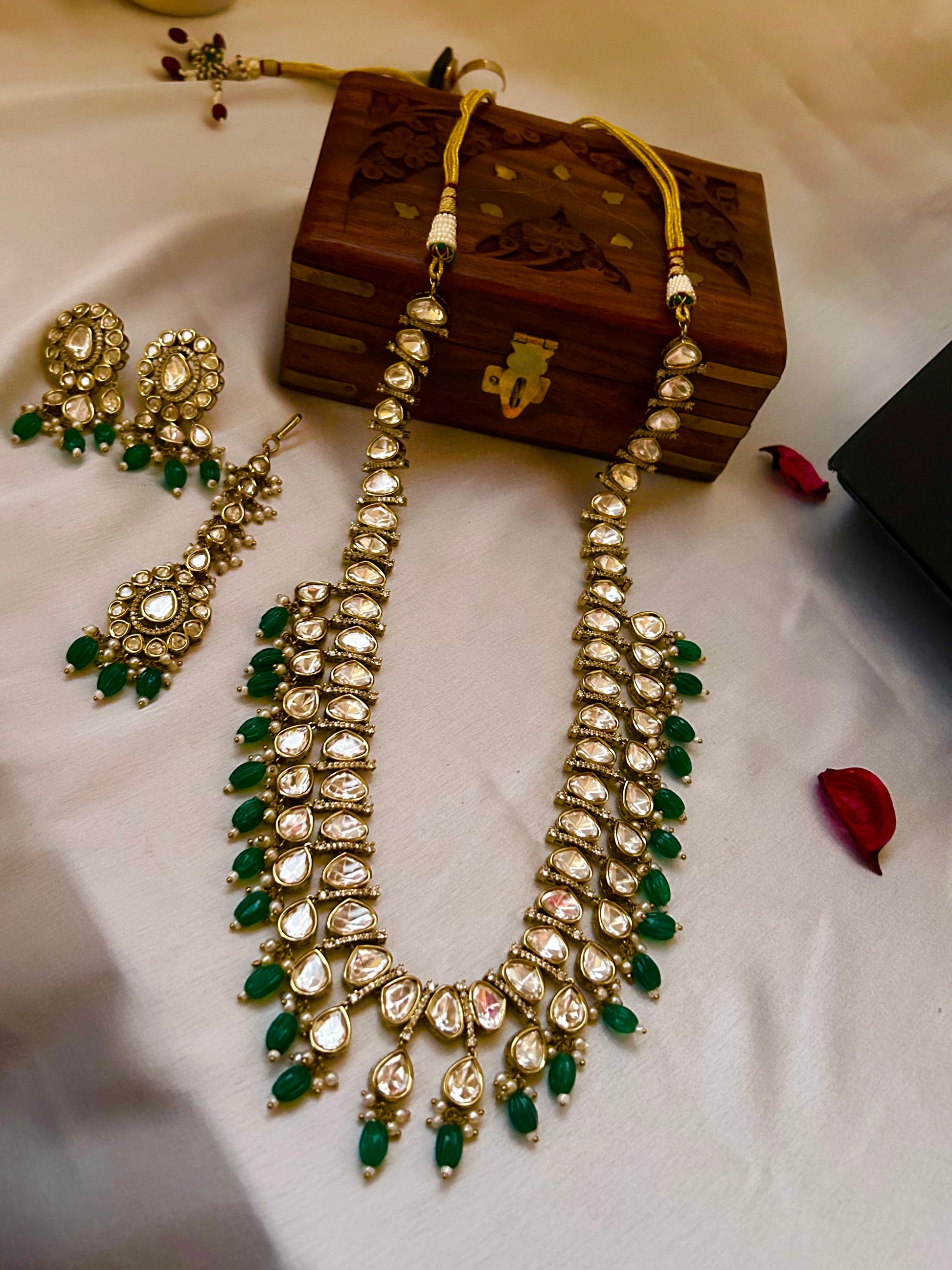 Tashi Kundan Rani Haar with emerald green accents, perfect for weddings and grand celebrations