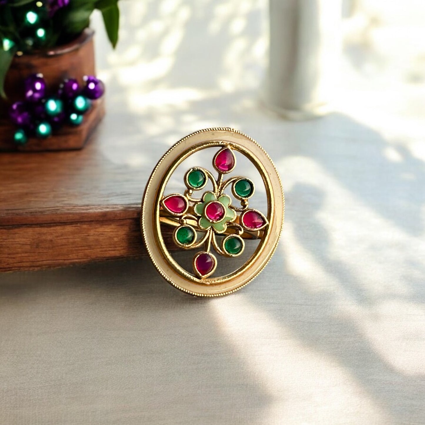 Elisa Kundan Enamel Statement Ring