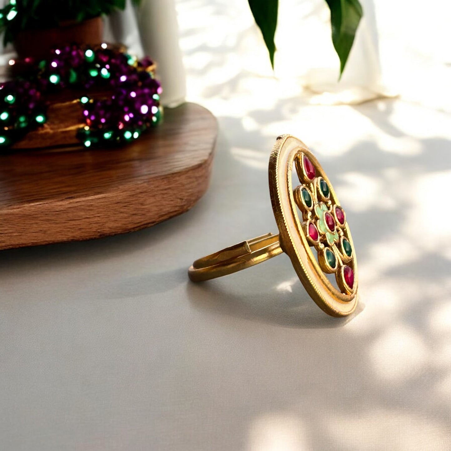 Elisa Kundan Enamel Statement Ring