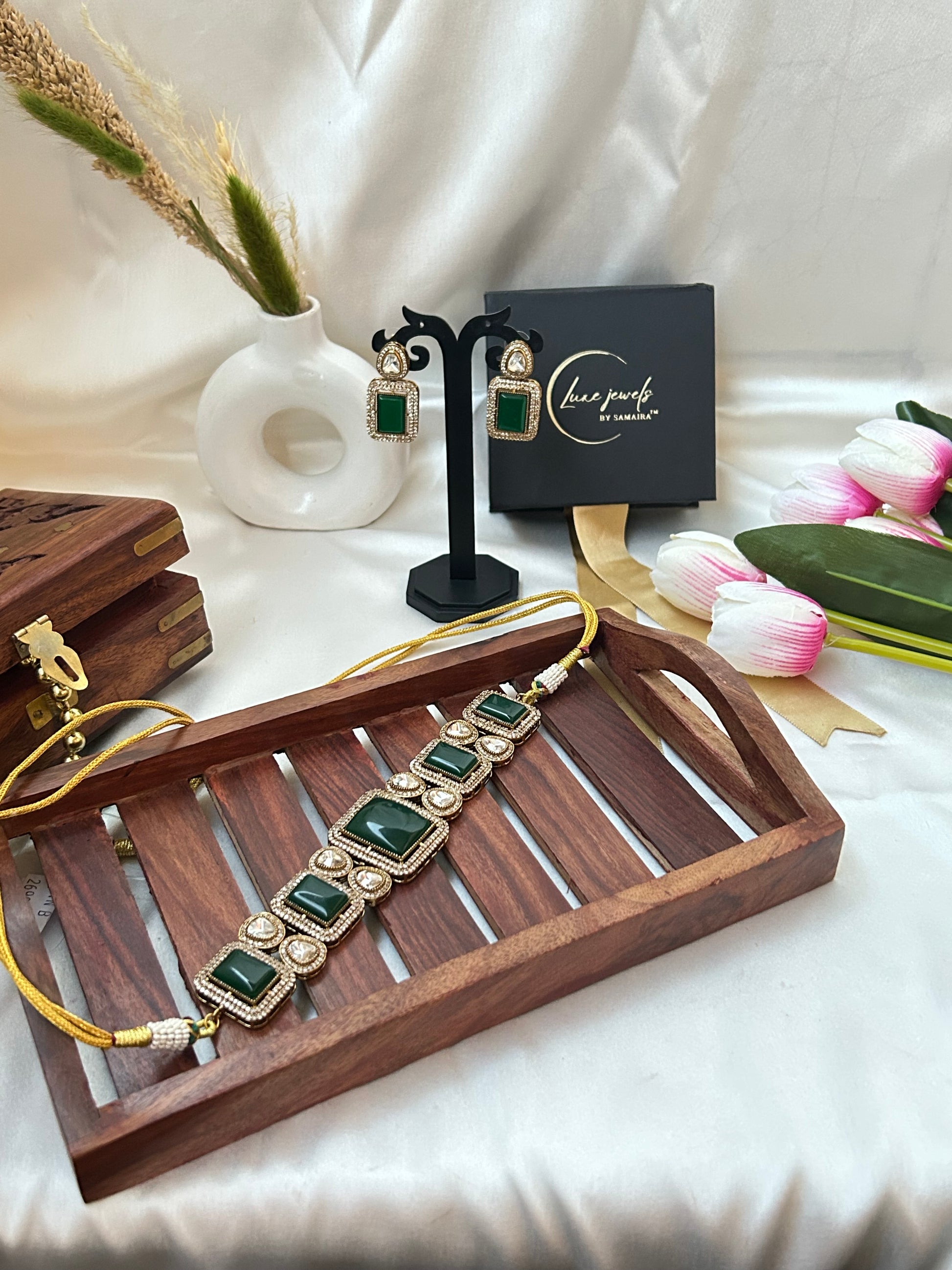 GREEN  AD KUNDAN NECKLACE SET