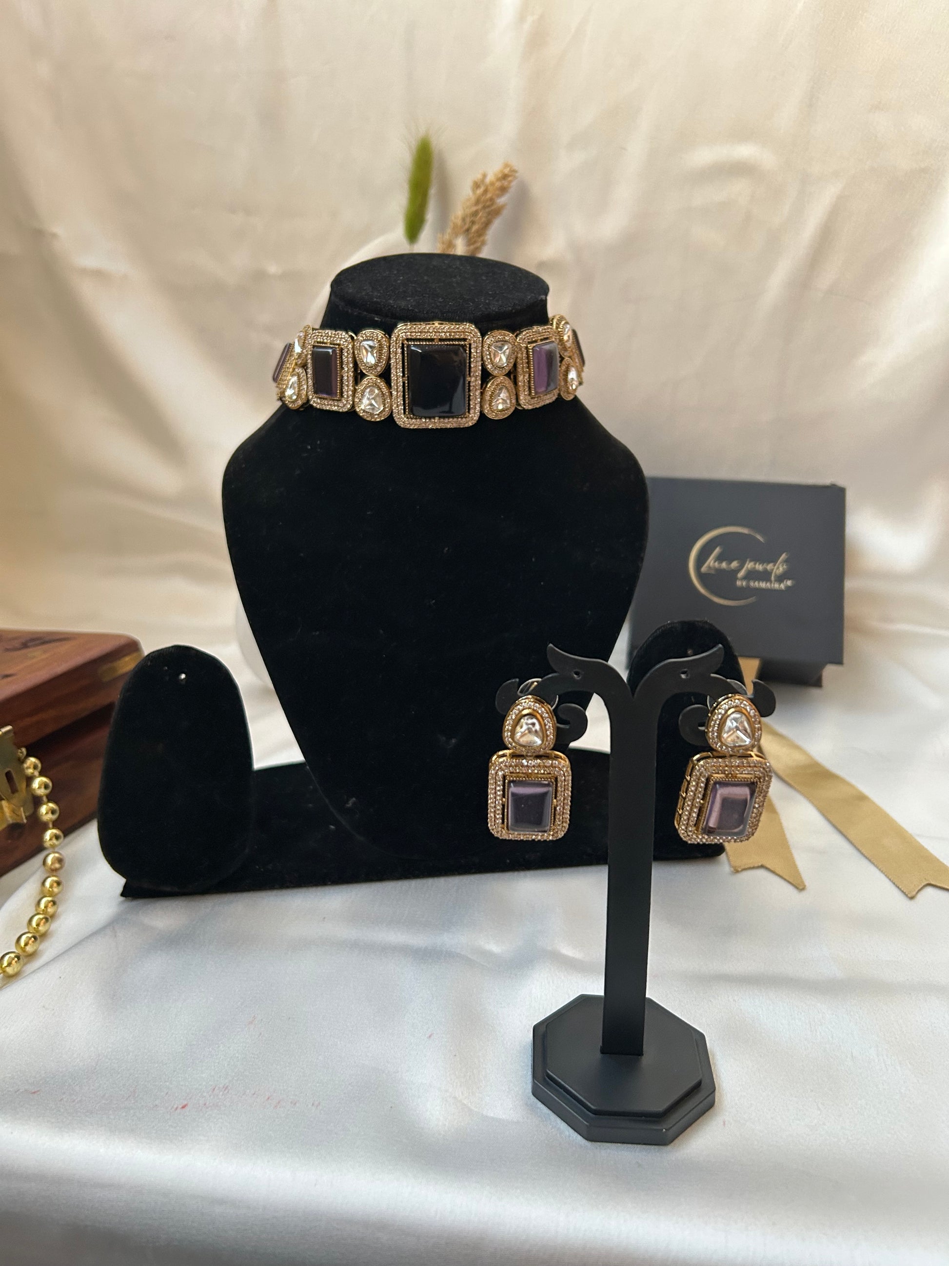 Purple Kundan AD Necklace Set