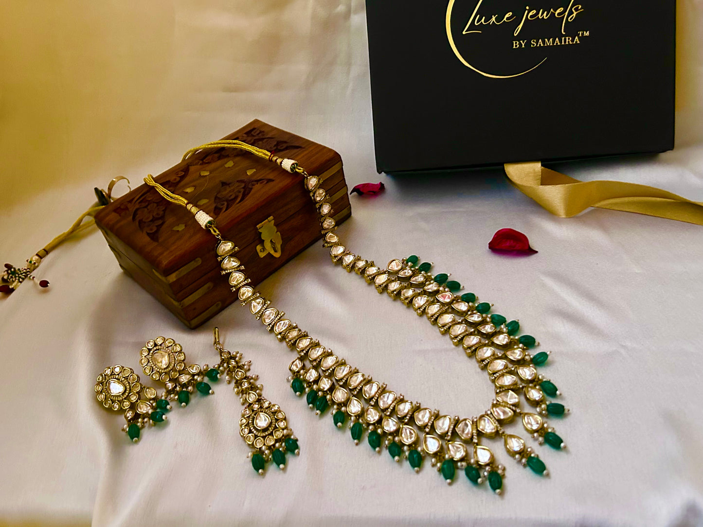 Tashi Kundan Rani Haar with emerald green accents, perfect for weddings and grand celebrations