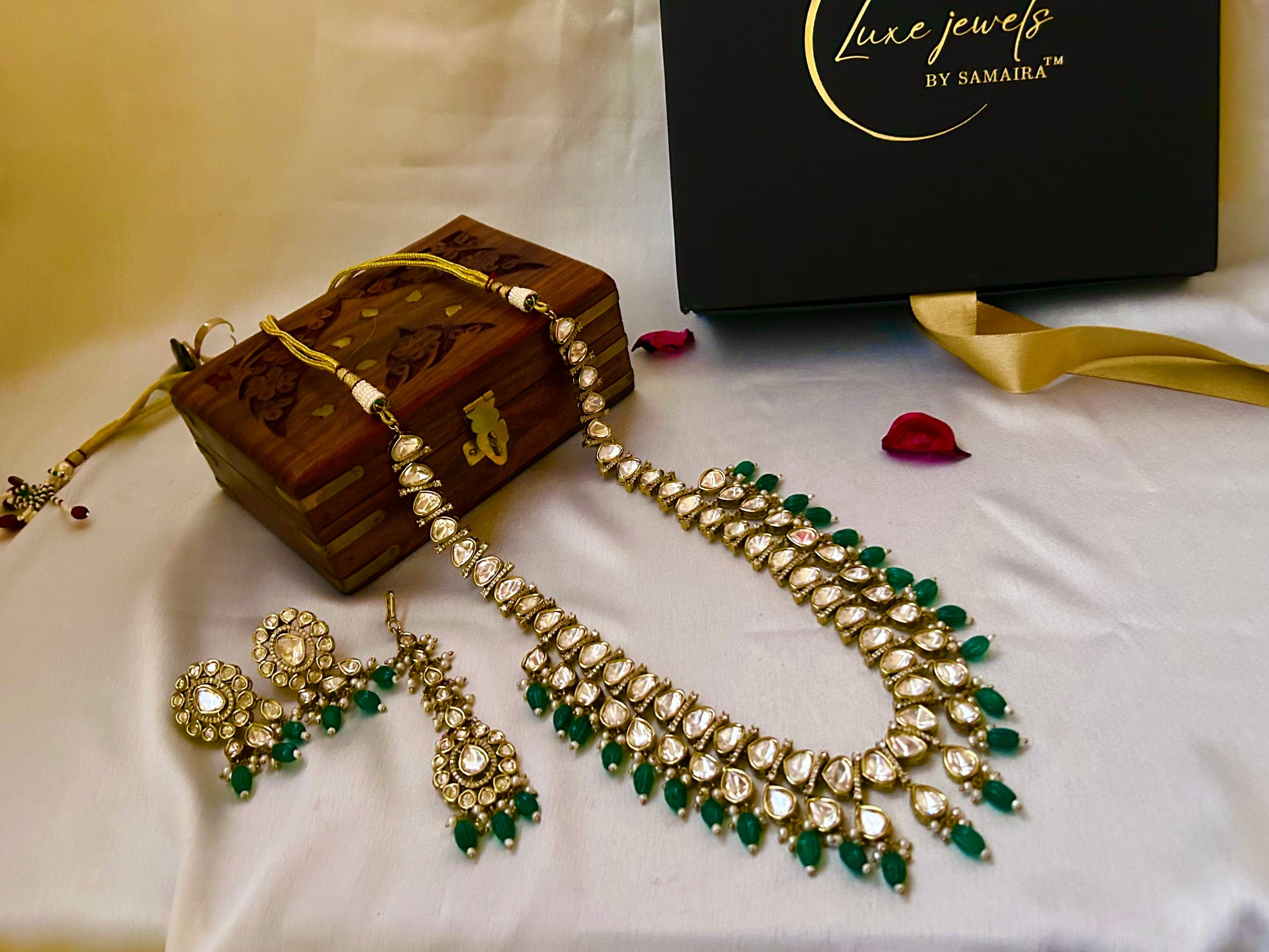 Tashi Kundan Rani Haar with emerald green accents, perfect for weddings and grand celebrations