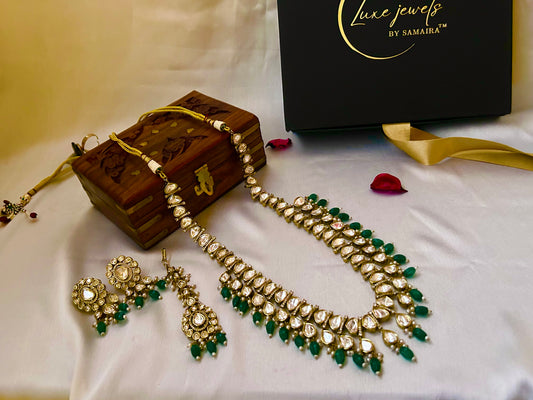 Tashi Kundan Rani Haar with emerald green accents, perfect for weddings and grand celebrations