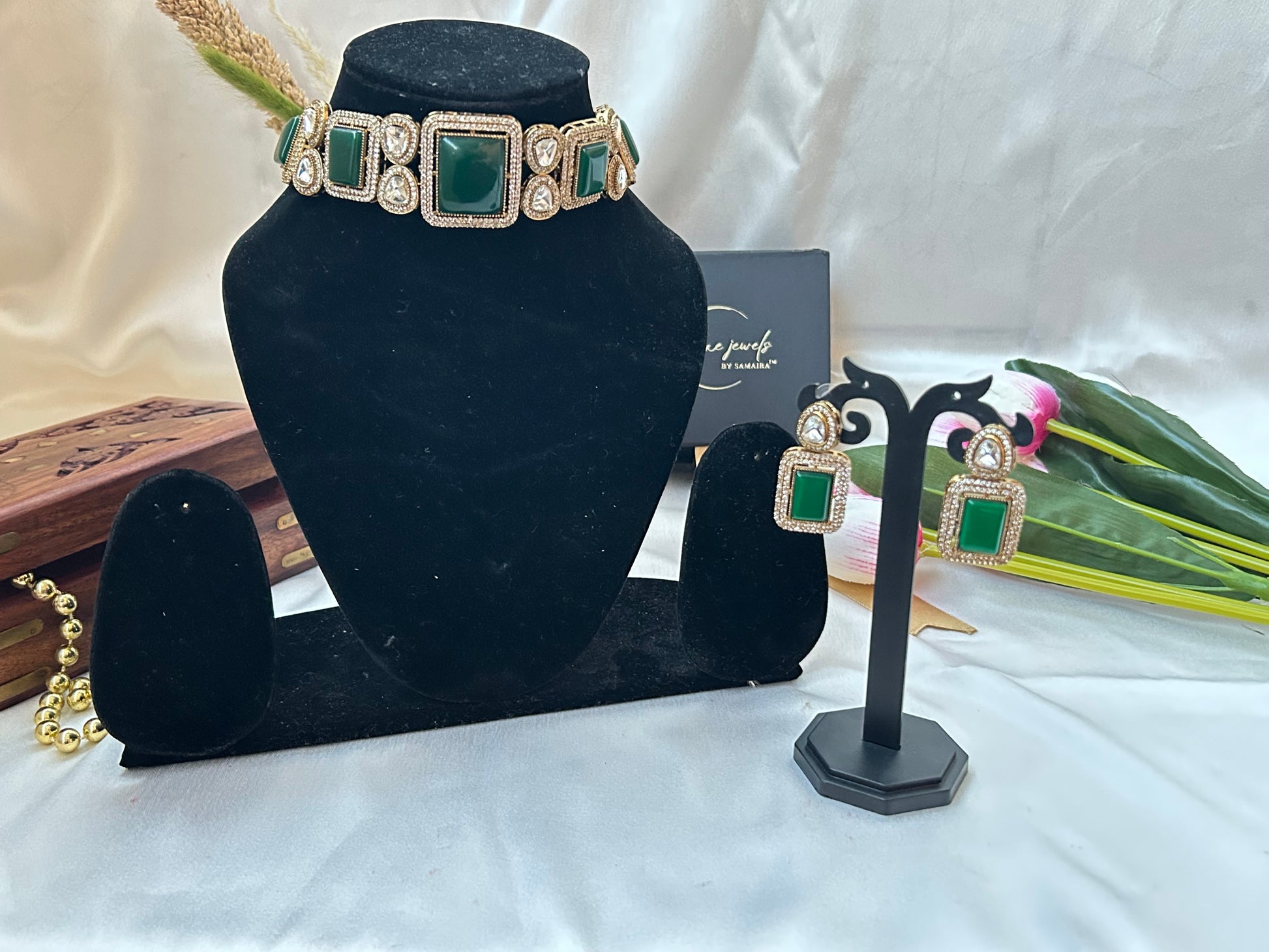 GREEN  AD KUNDAN NECKLACE SET