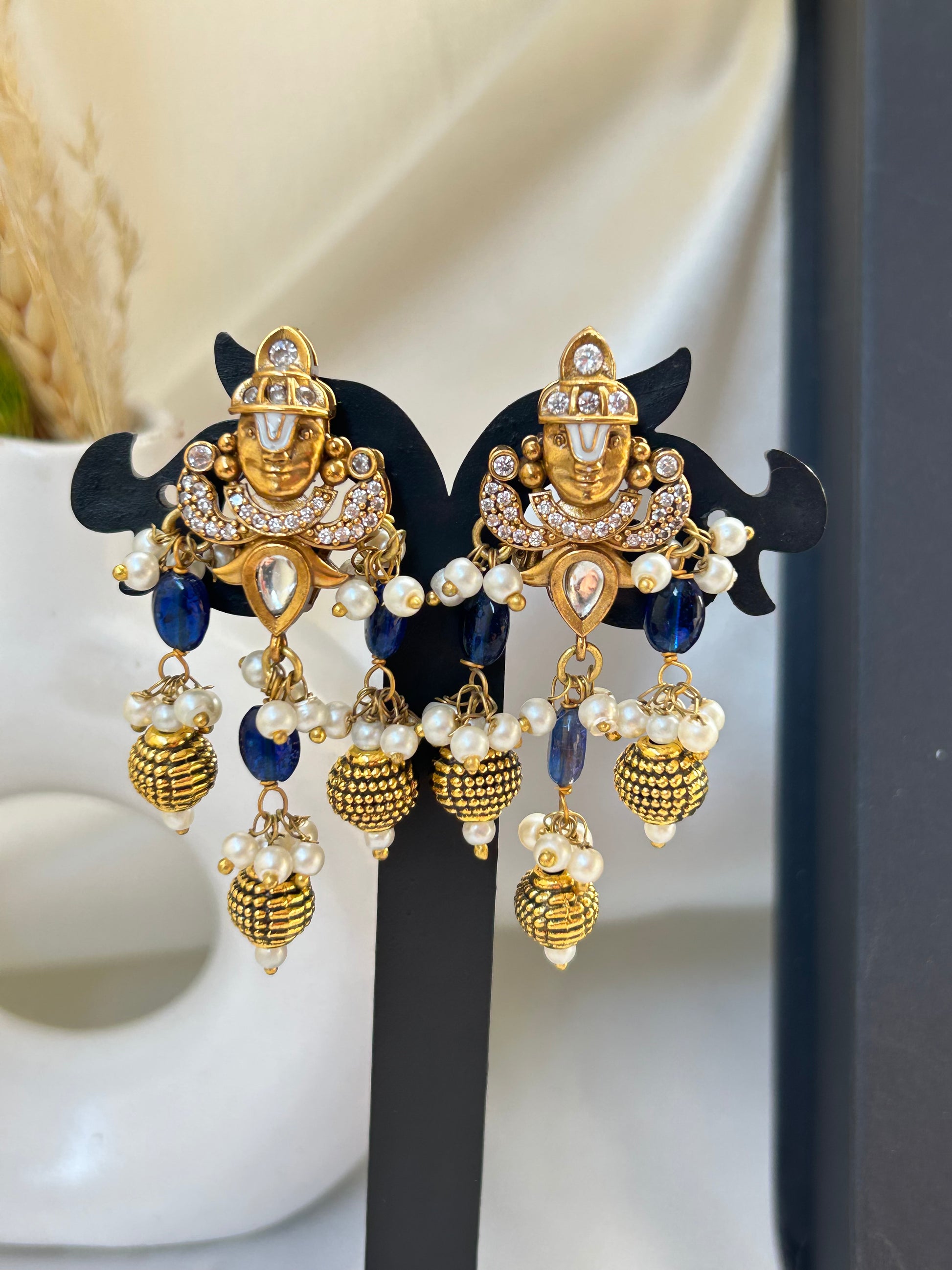 Keshavi Kundan necklace set with navy blue beads and pearls, perfect for weddings and festive wear."
