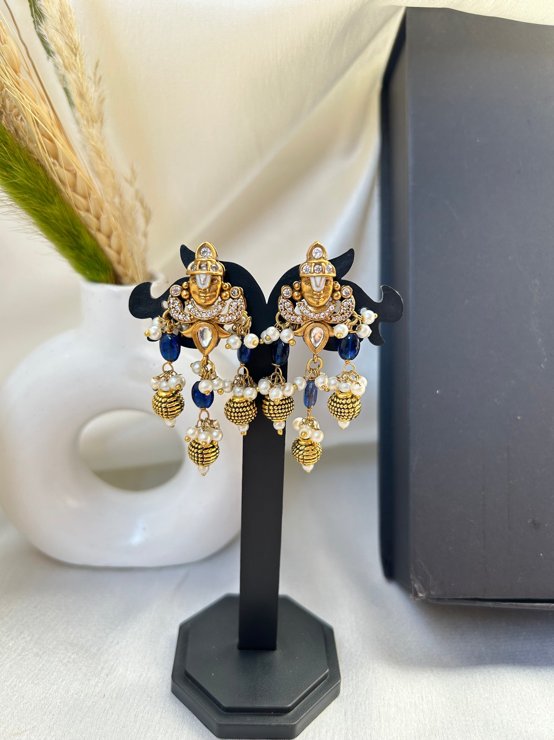 Keshavi Kundan necklace set with navy blue beads and pearls, perfect for weddings and festive wear."