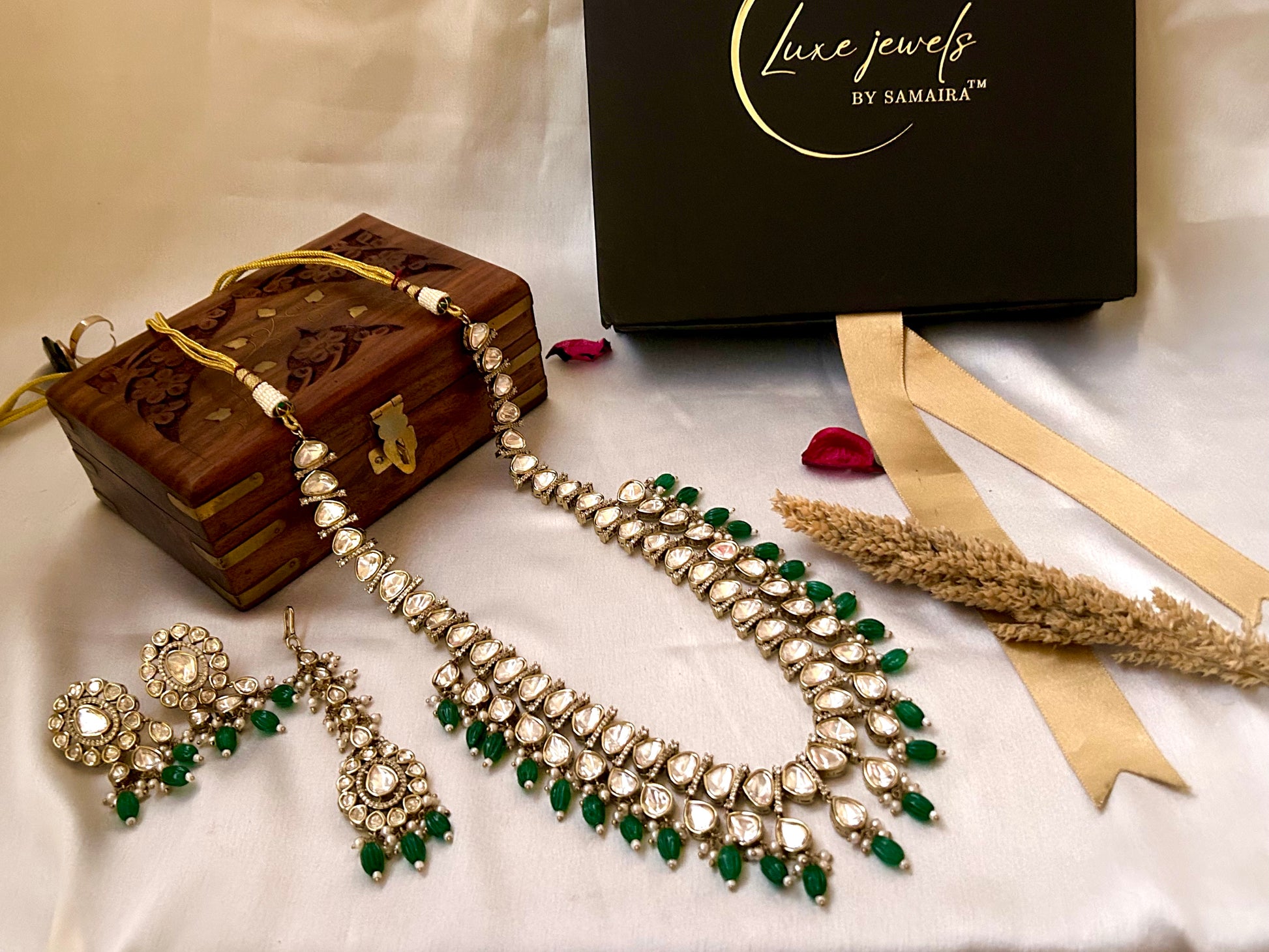 Tashi Kundan Rani Haar with emerald green accents, perfect for weddings and grand celebrations