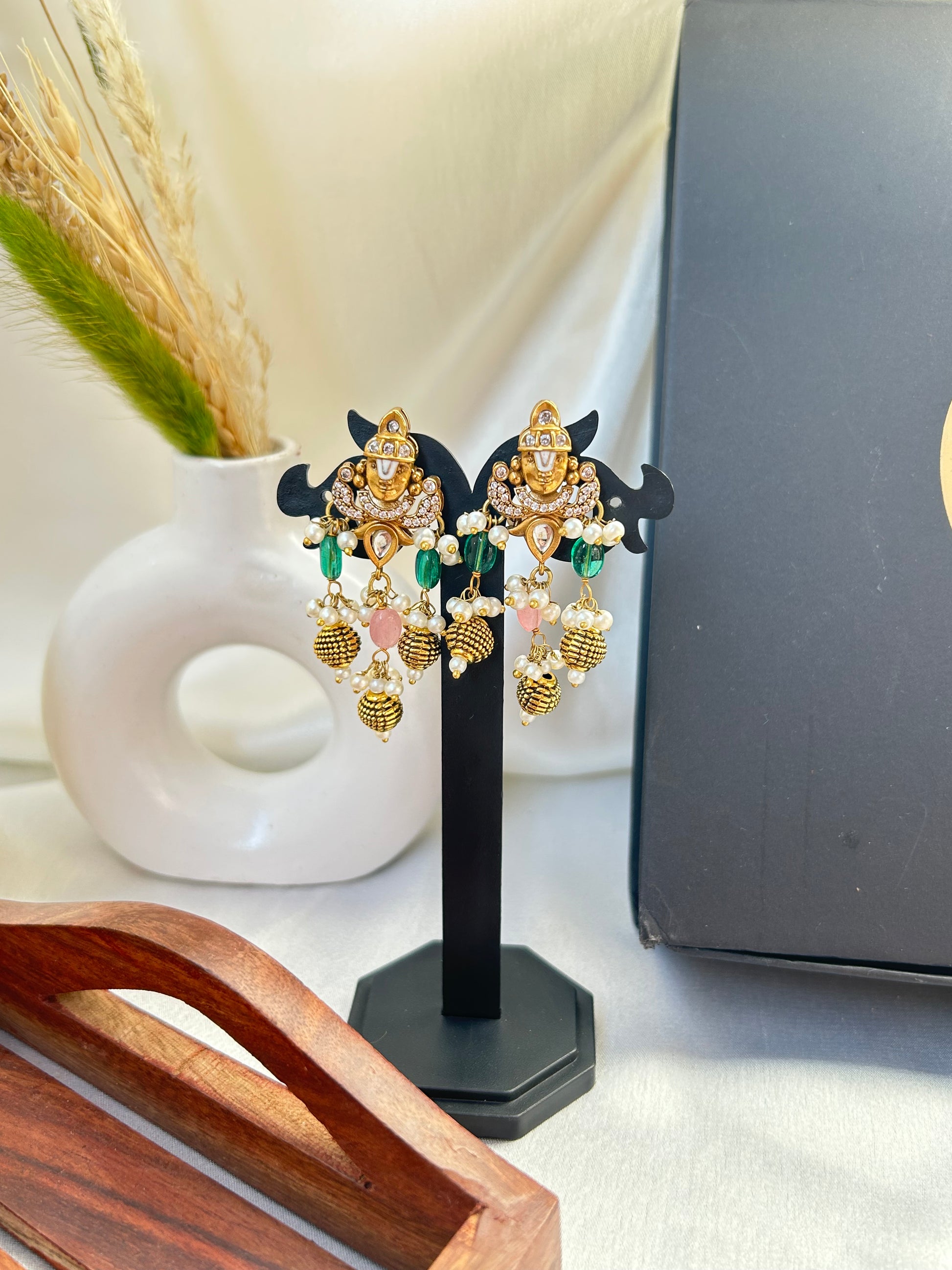 Keshavi Temple Necklace Set – Gold-plated Kundan jewelry with Goddess Lakshmi pendant, pearls, and green-pink beads"
