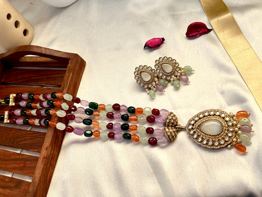 "Parineeti Multicolor Kundan Rani Haar – A gold-plated bridal necklace set with vibrant multicolored gemstones and matching earrings