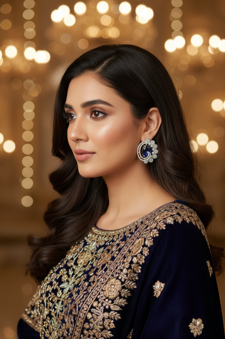 Midnight  Sapphire Petal Swirl Studs Earrings