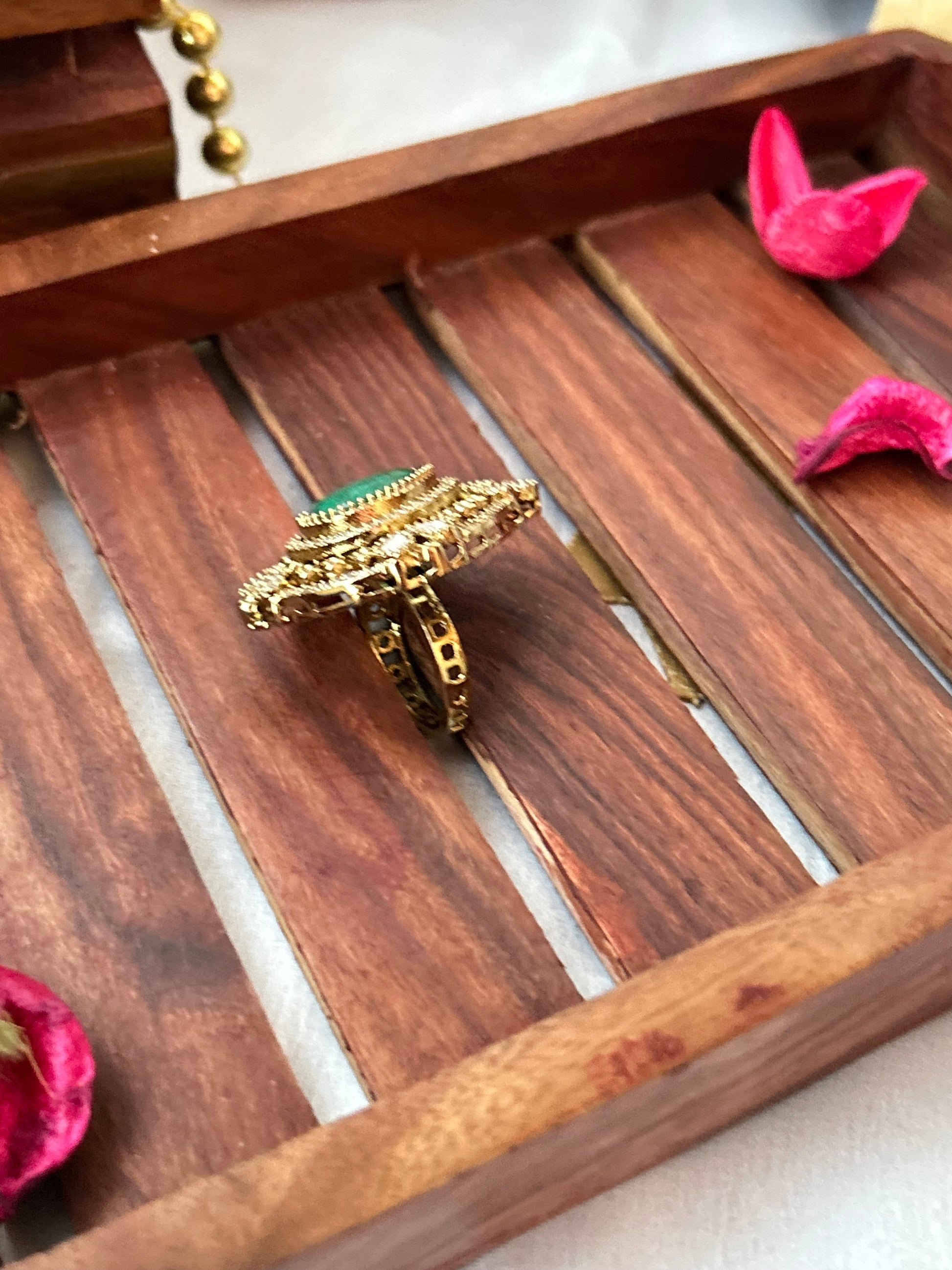  dark sea green statement ring with American diamonds and gold-plated finish,kundan ring